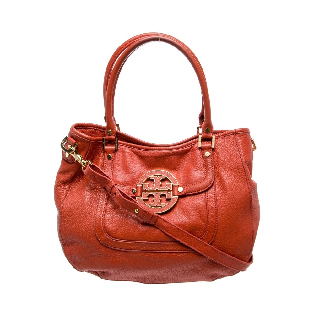 Tory Burch Amanda Hobo Pebbled Leather Bag Orange Red Gold Logo Satchel Handbag